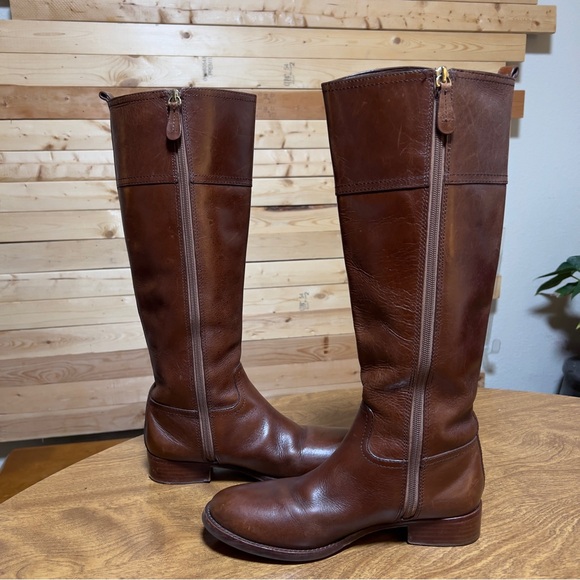 Tory Burch Brown Leather Gold Plated Logo Zipper Closure Moto Tall Boots size 7 - Picture 3 of 13
